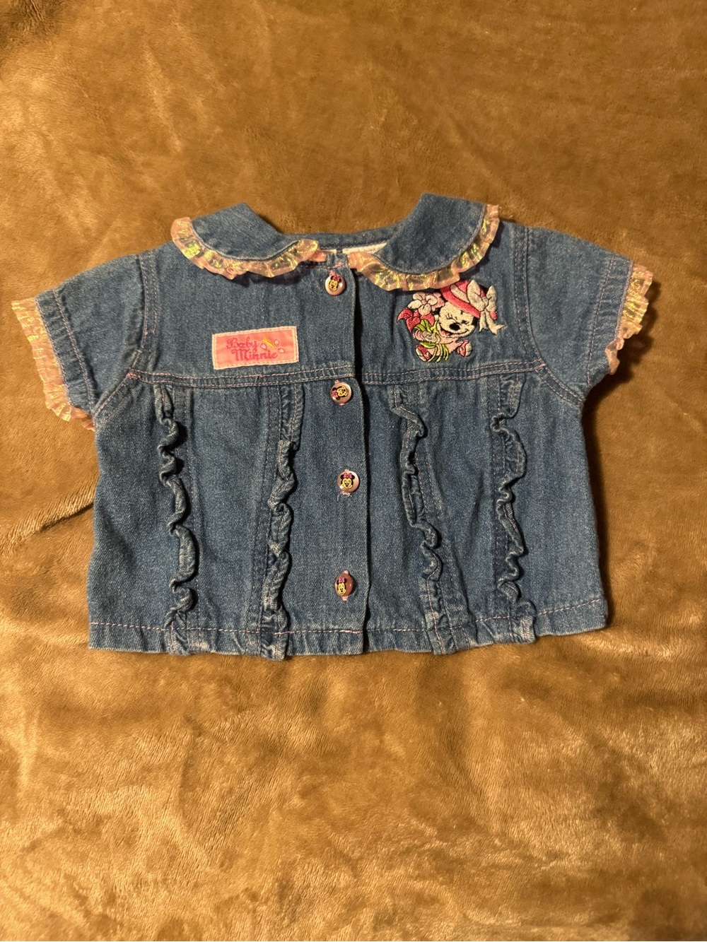 Vintage Disney Blue Denim Top with Pink Floral Trim
